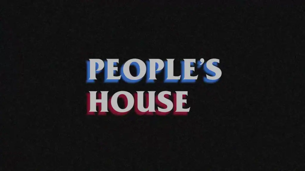 Logo of People's House with bold blue and pink text on black background.