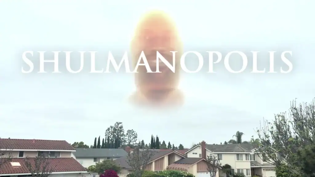 Surreal digital art featuring a giant face emerging from clouds over a suburban neighborhood.